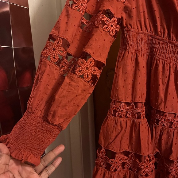 Beautiful tiered Rust colored dress. Fun party dress with full bishop sleeves - Picture 3 of 4